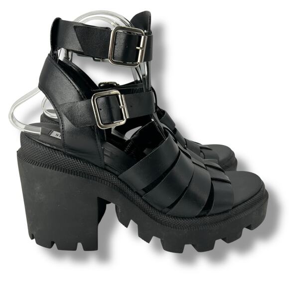 Steve Madden Black Chunky Strappy Heels Size 9.5 Buckle Platform Lug Gladiator - Picture 5 of 9